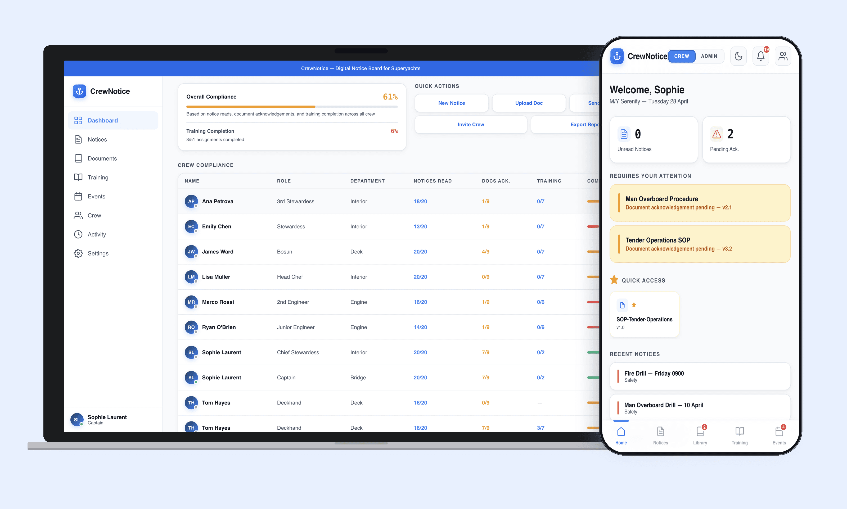 CrewNotice admin dashboard and crew mobile view