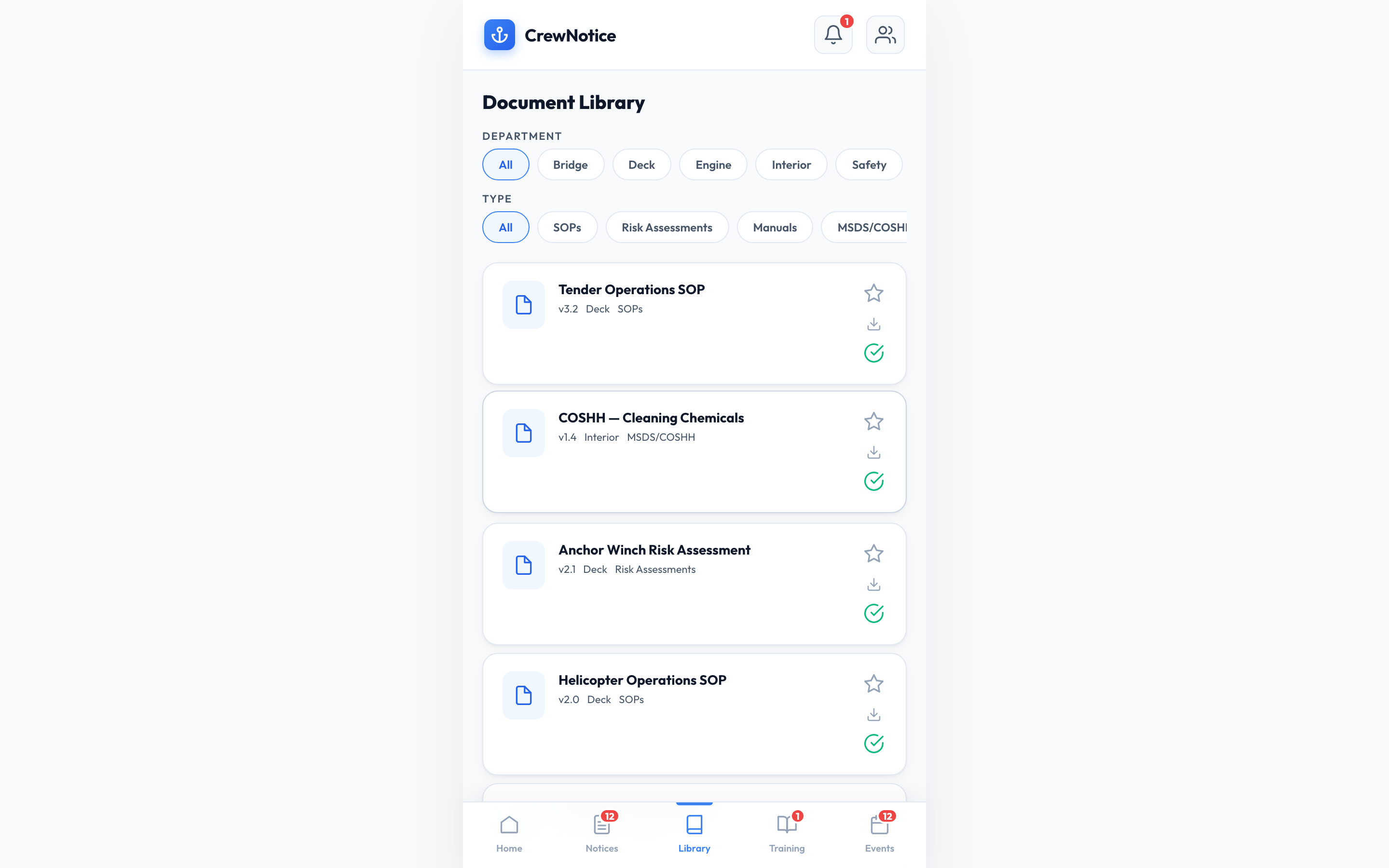 Crew document library on mobile showing favourite stars and acknowledgement checkmarks