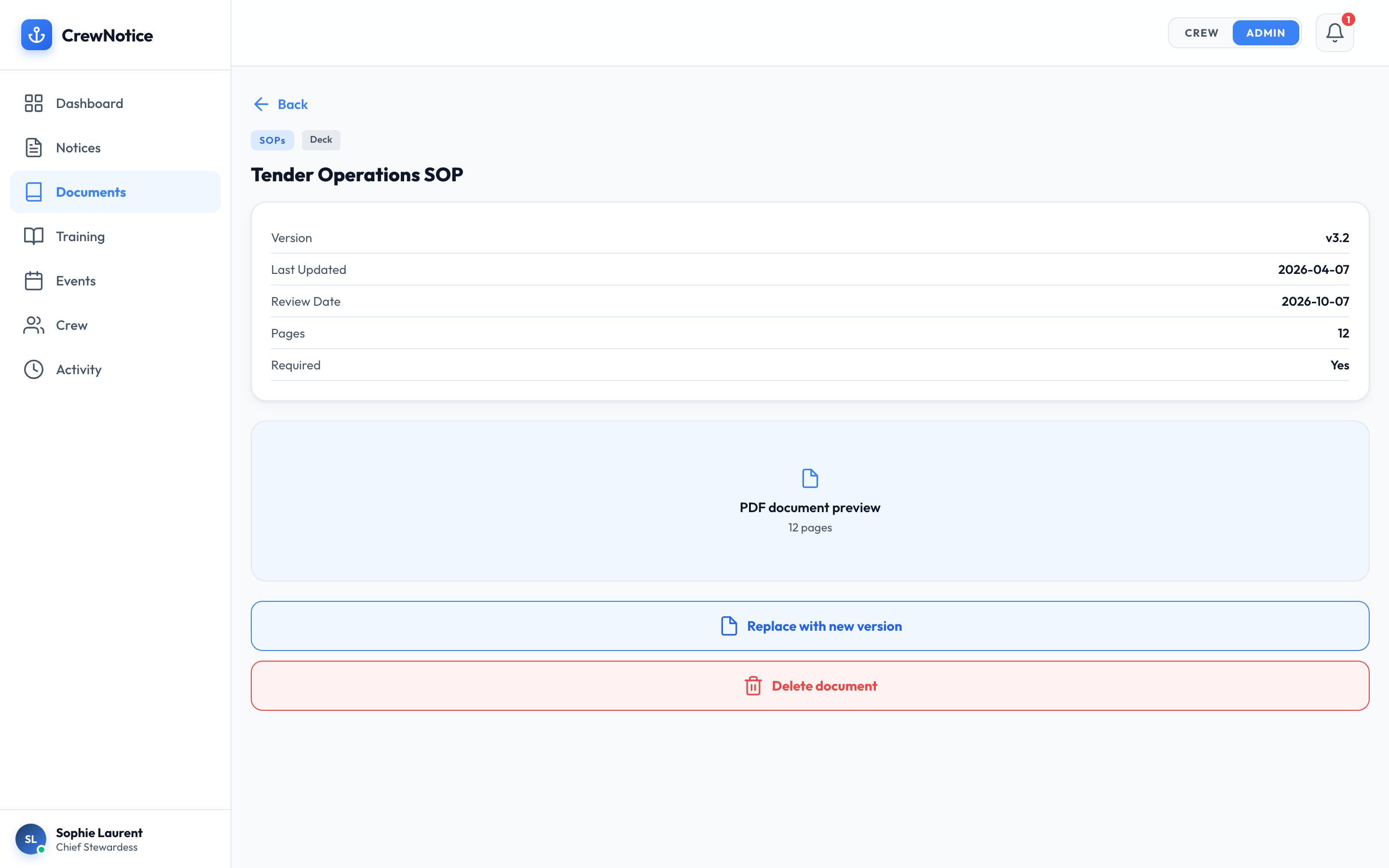 Document detail showing version number, review date, and replace with new version button