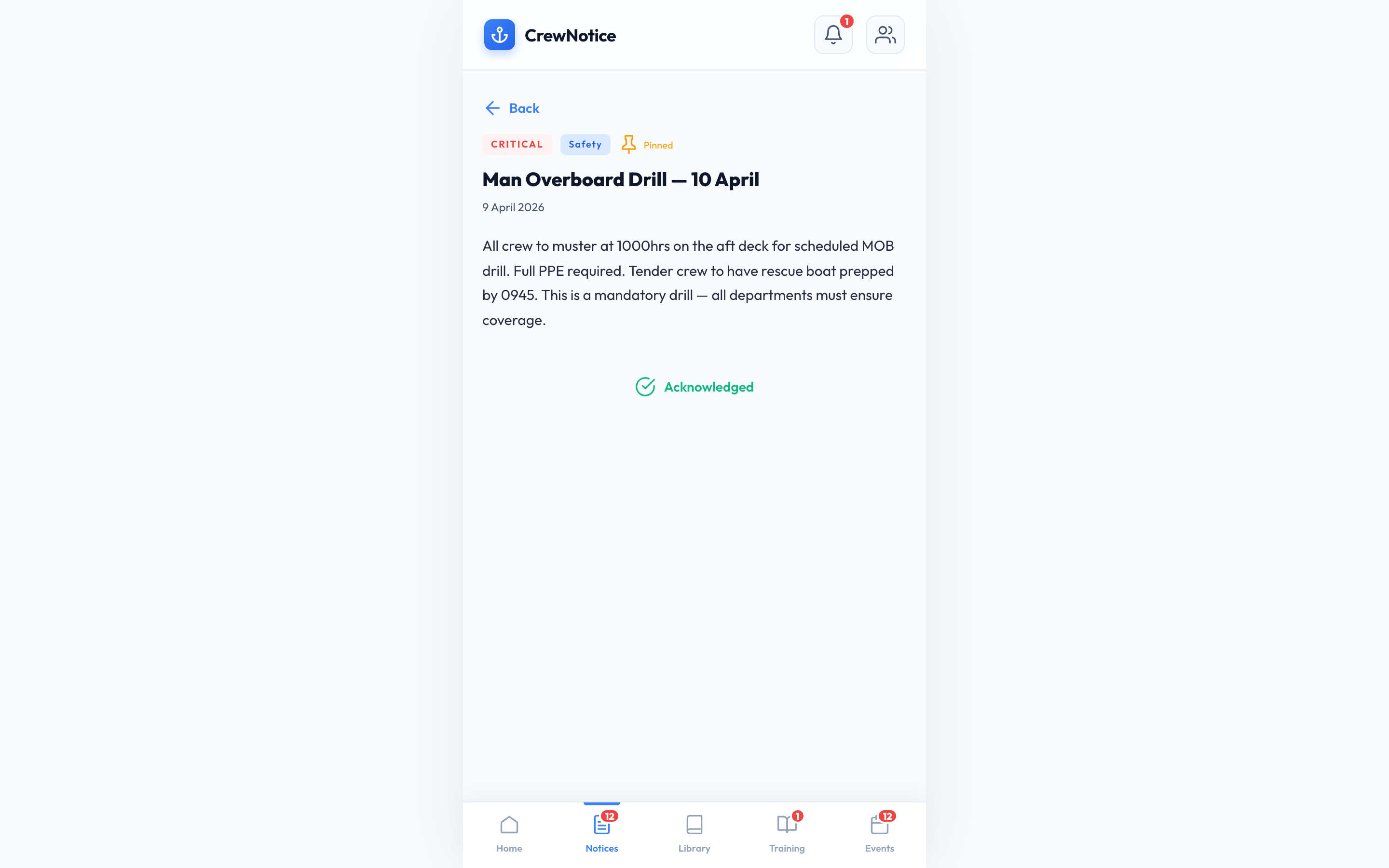 Crew notice detail view with acknowledgement status and category tags