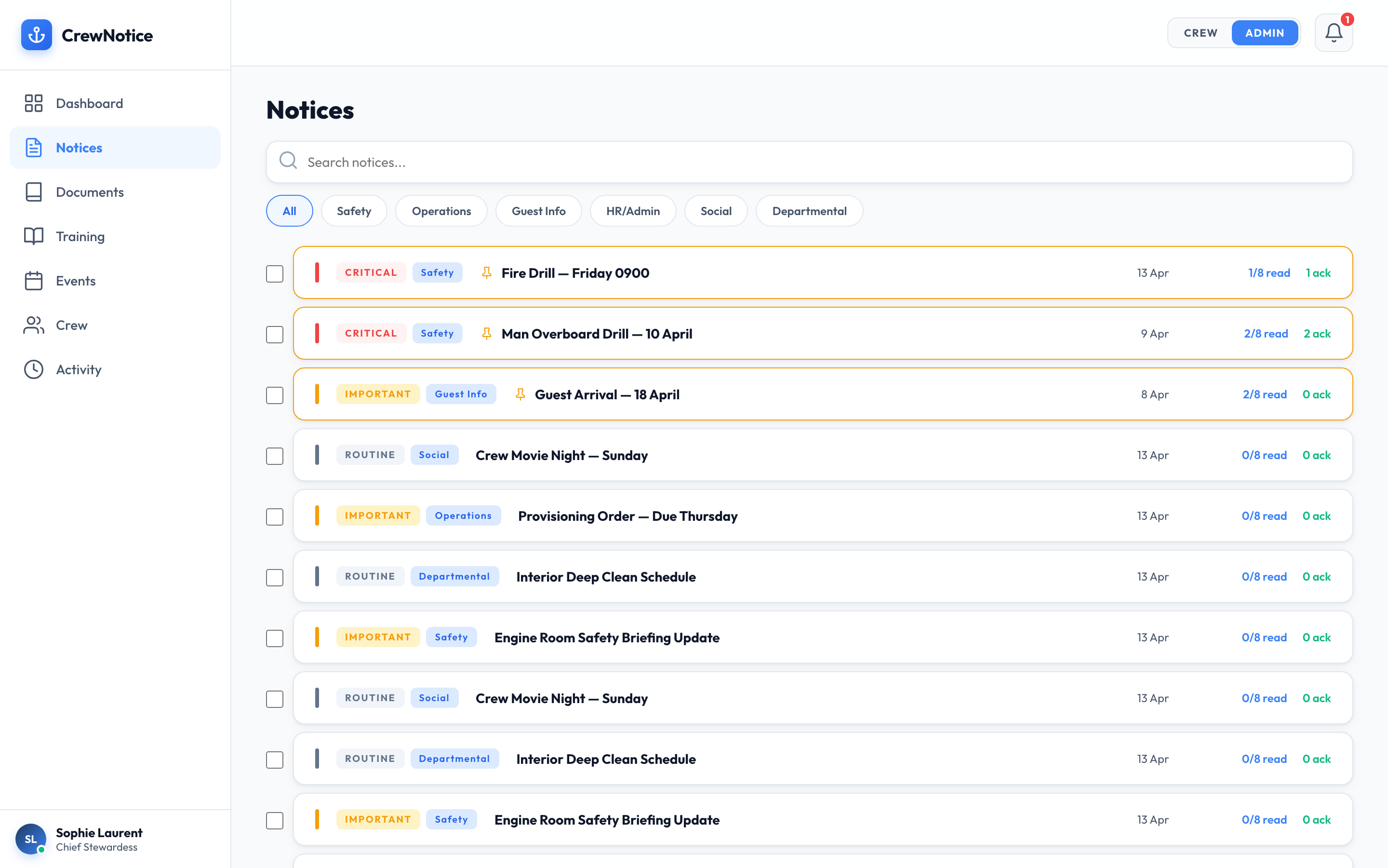 Admin notice board showing priority-coded notices with read receipt counts