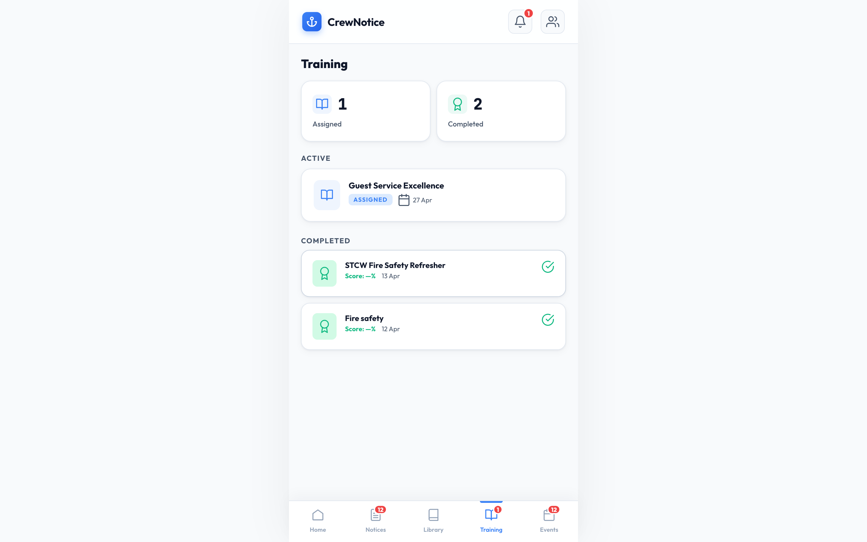 Crew training view showing assigned and completed modules with progress tracking