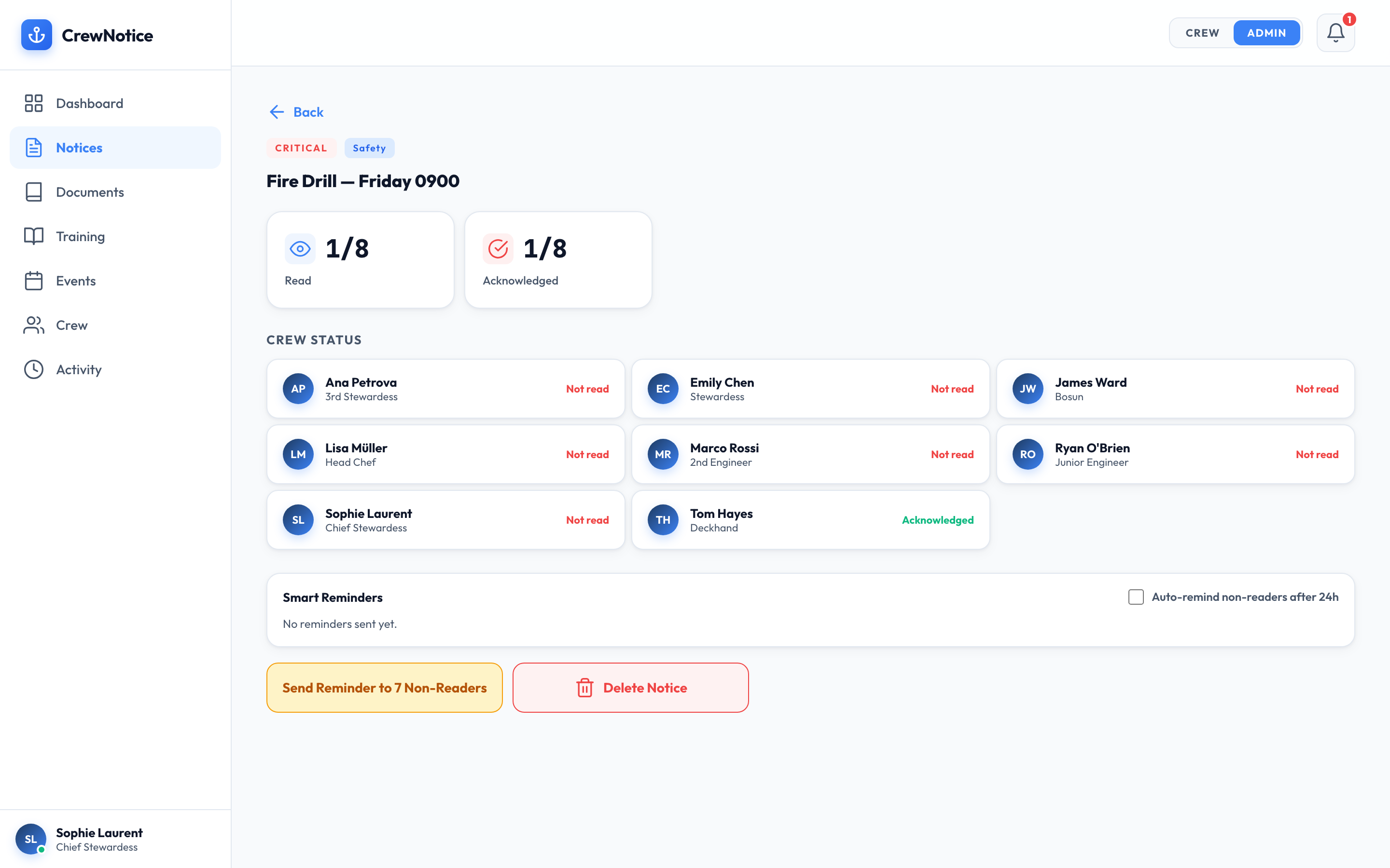 Read receipt dashboard showing per-crew read and acknowledgement status